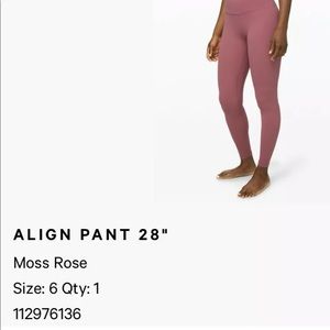 Lululemon moss rose align pant 28” size 6